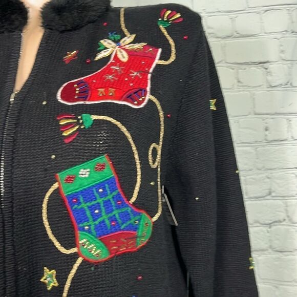 Vintage Embroidered Beaded Ugly Christmas Sweater Stocking themed Cardigan Large - Picture 2 of 8